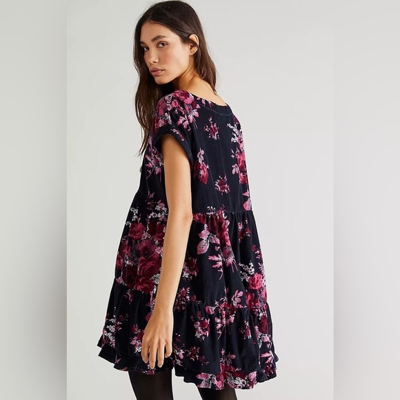 Free People Harper Mini Dress Size XS Black Maroon Floral Babydoll Corduroy - Picture 1 of 11
